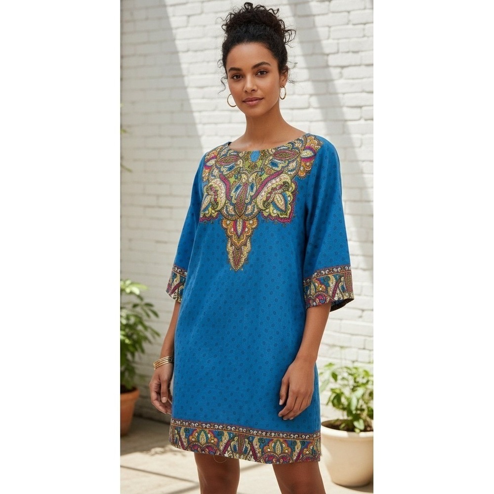 BeBop Tunic Dress Women's Size M Paisley Blue Boho Festival Artsy Hippie Boho